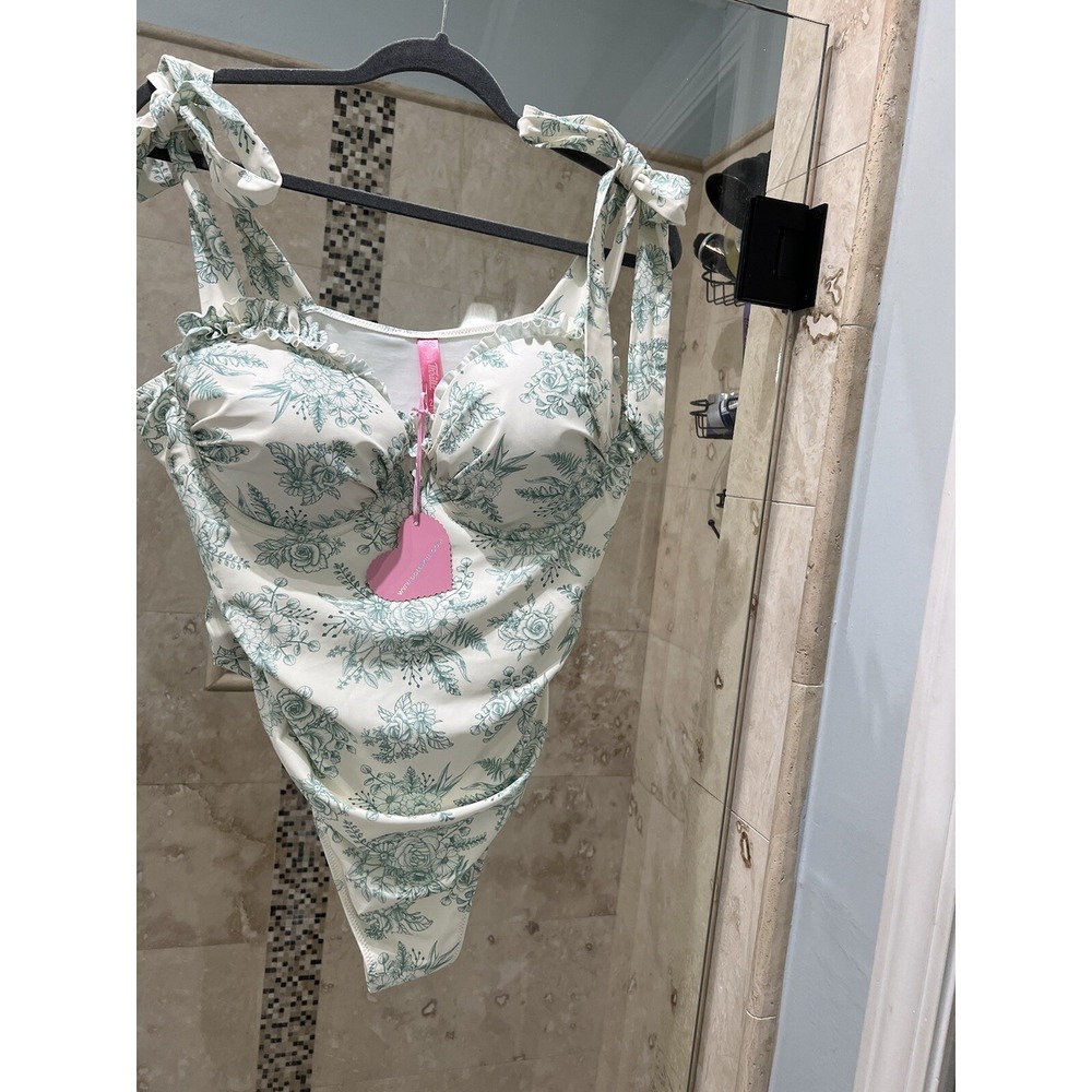 Dolls Kill Sugar Thrillz Floral Pinup One Piece Bathing Suit Green White 2X NWT